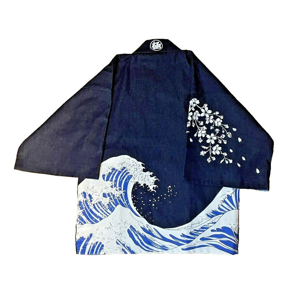 Navy Blue Kimono Jacket with Wave Design